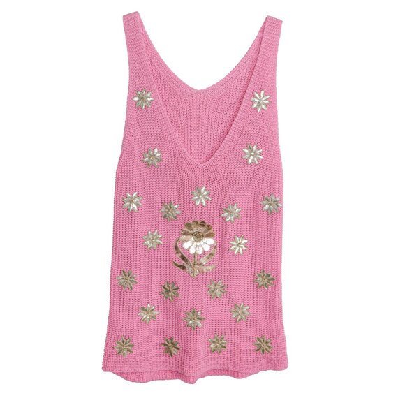 Embroidered Pink Knitted Tank Top Women’s Sleeveless Knit Boho Summer Top Small - Picture 2 of 5